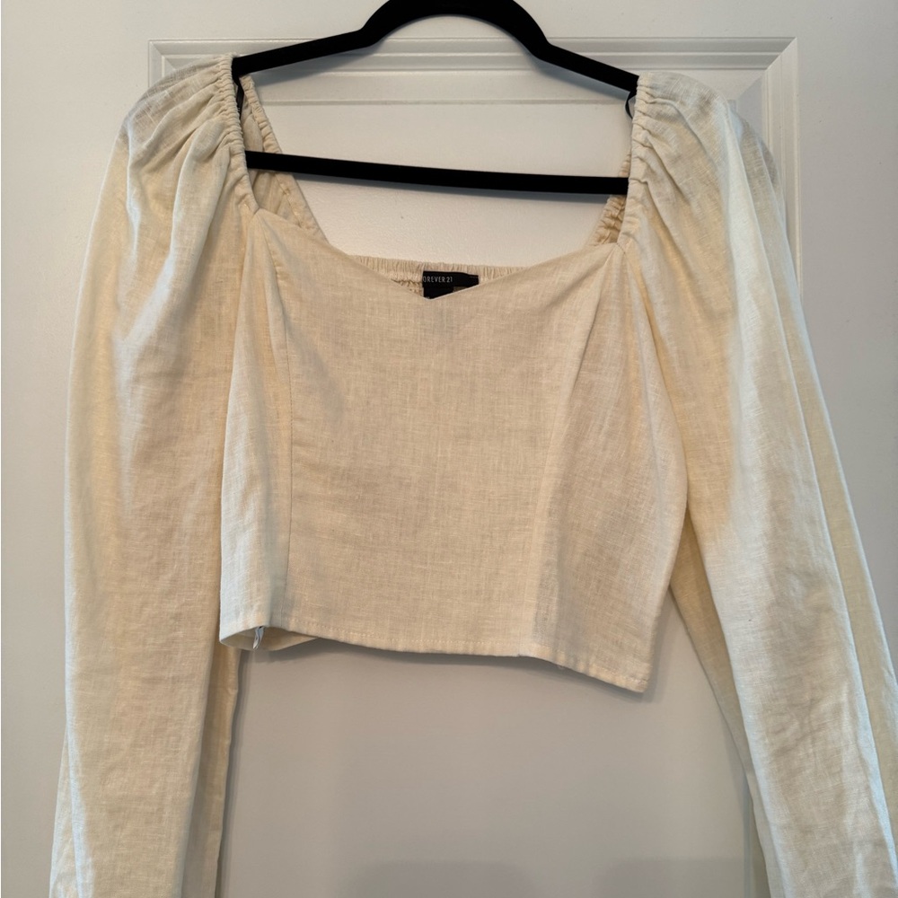 Forever 21 Cream Long Sleeve Linen Crop Blouse